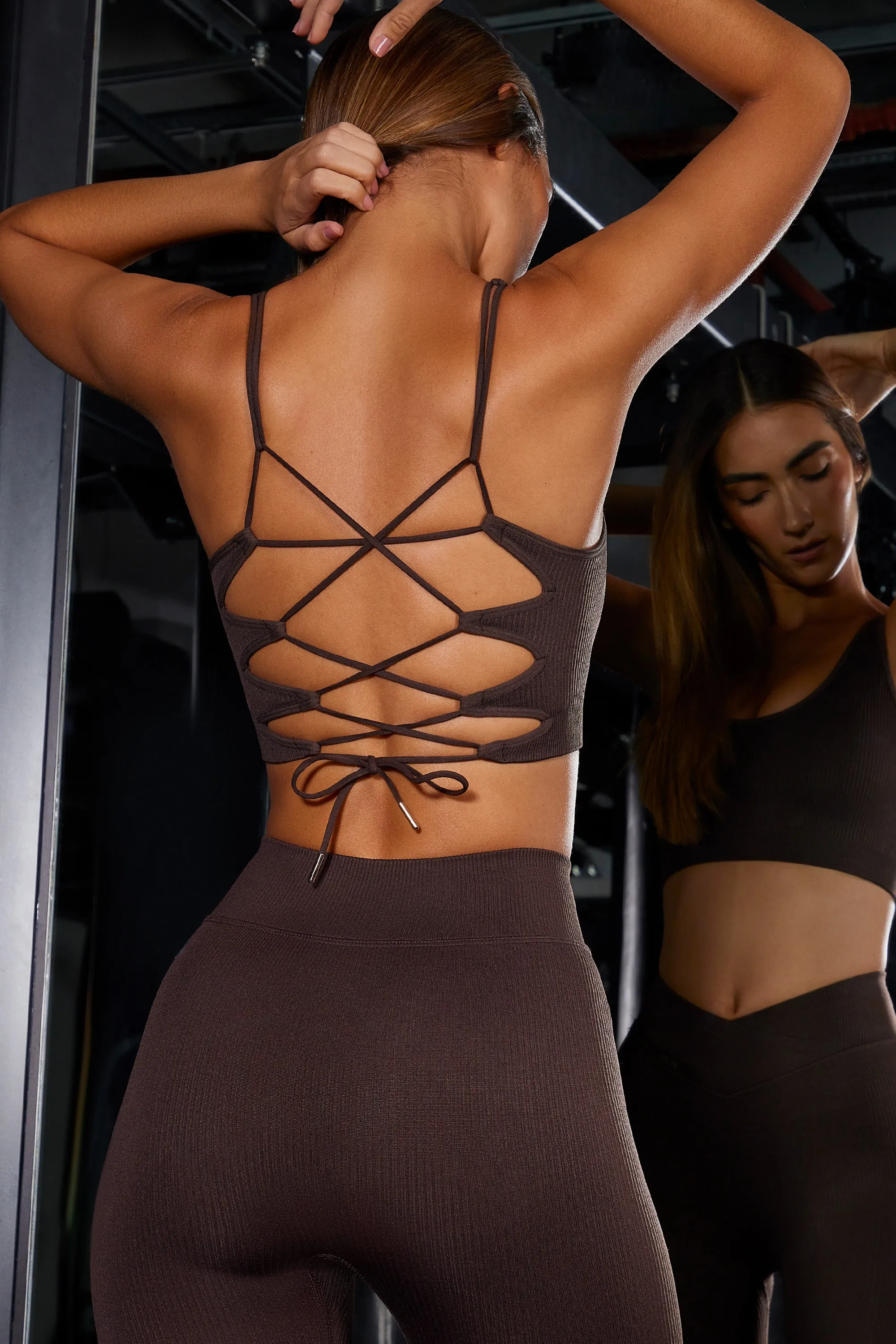 Open Back Plunge Neck Sports Bra in Brown sold by Oh Polly product image thumbnail 4