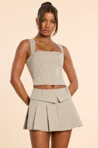 Woven Wool Mid Rise Pleated Micro Mini Skirt in Taupe sold by Oh Polly