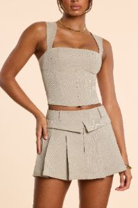 Woven Wool Mid Rise Pleated Micro Mini Skirt in Taupe sold by Oh Polly