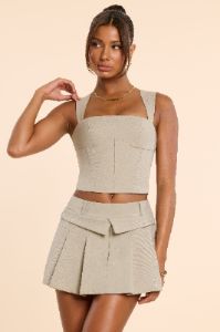 Woven Wool Mid Rise Pleated Micro Mini Skirt in Taupe sold by Oh Polly