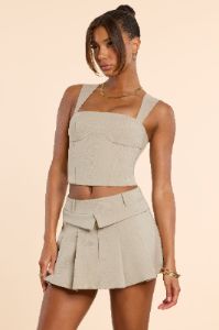 Woven Wool Mid Rise Pleated Micro Mini Skirt in Taupe sold by Oh Polly