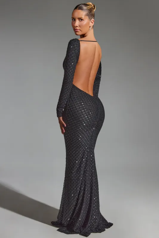 Embellished Open-Back Gown in Black sold by Oh Polly
