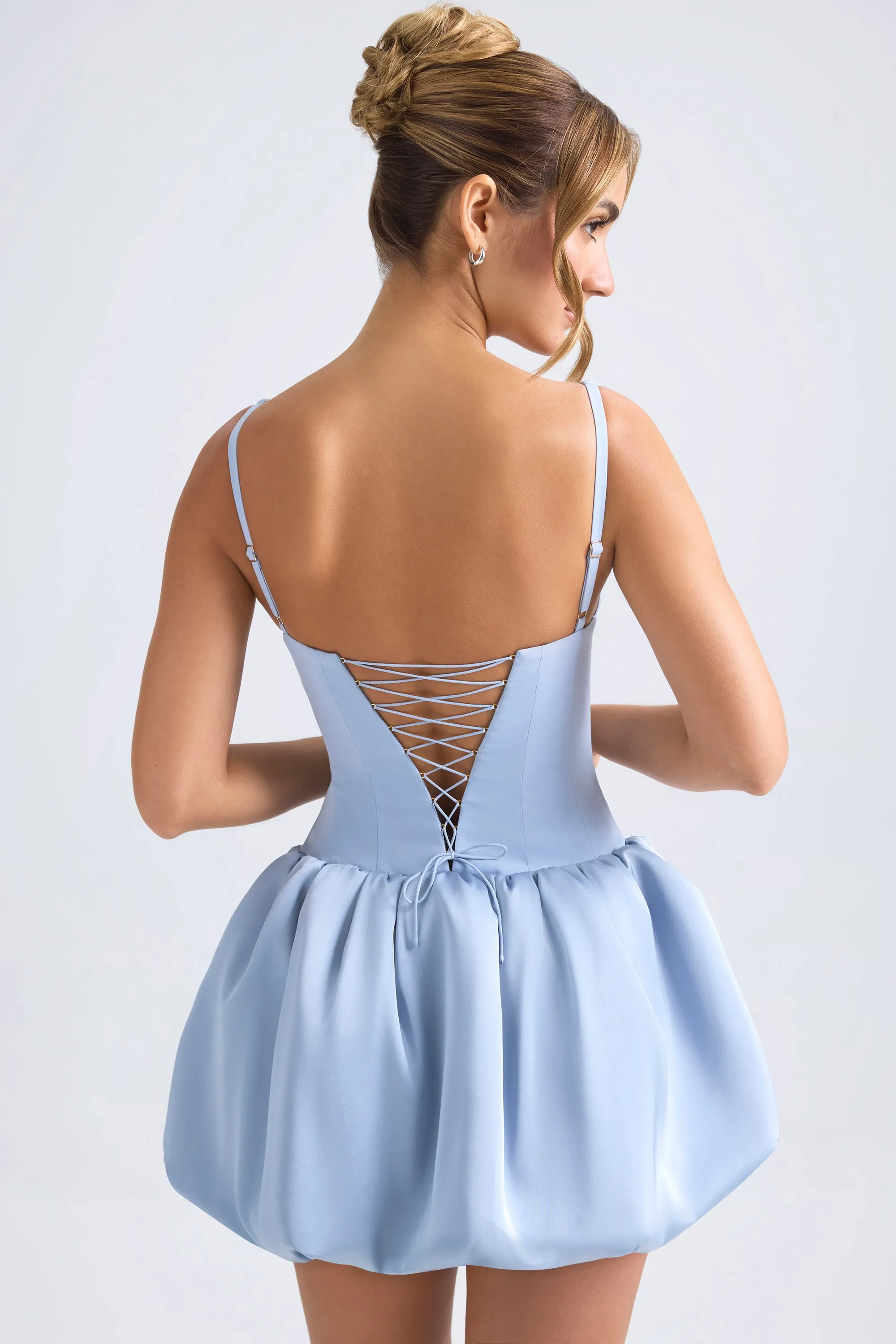 Lace-Up Bubble Hem Corset Micro Mini Dress in Light Blue sold by Oh Polly product image thumbnail 2