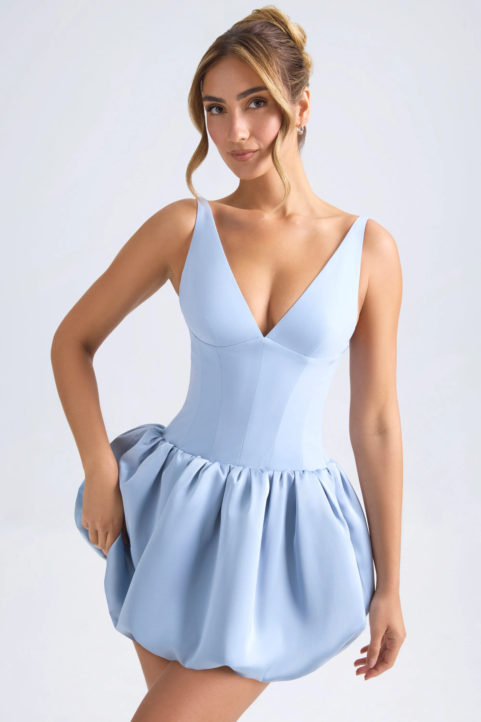 Lace-Up Bubble Hem Corset Micro Mini Dress in Light Blue sold by Oh Polly