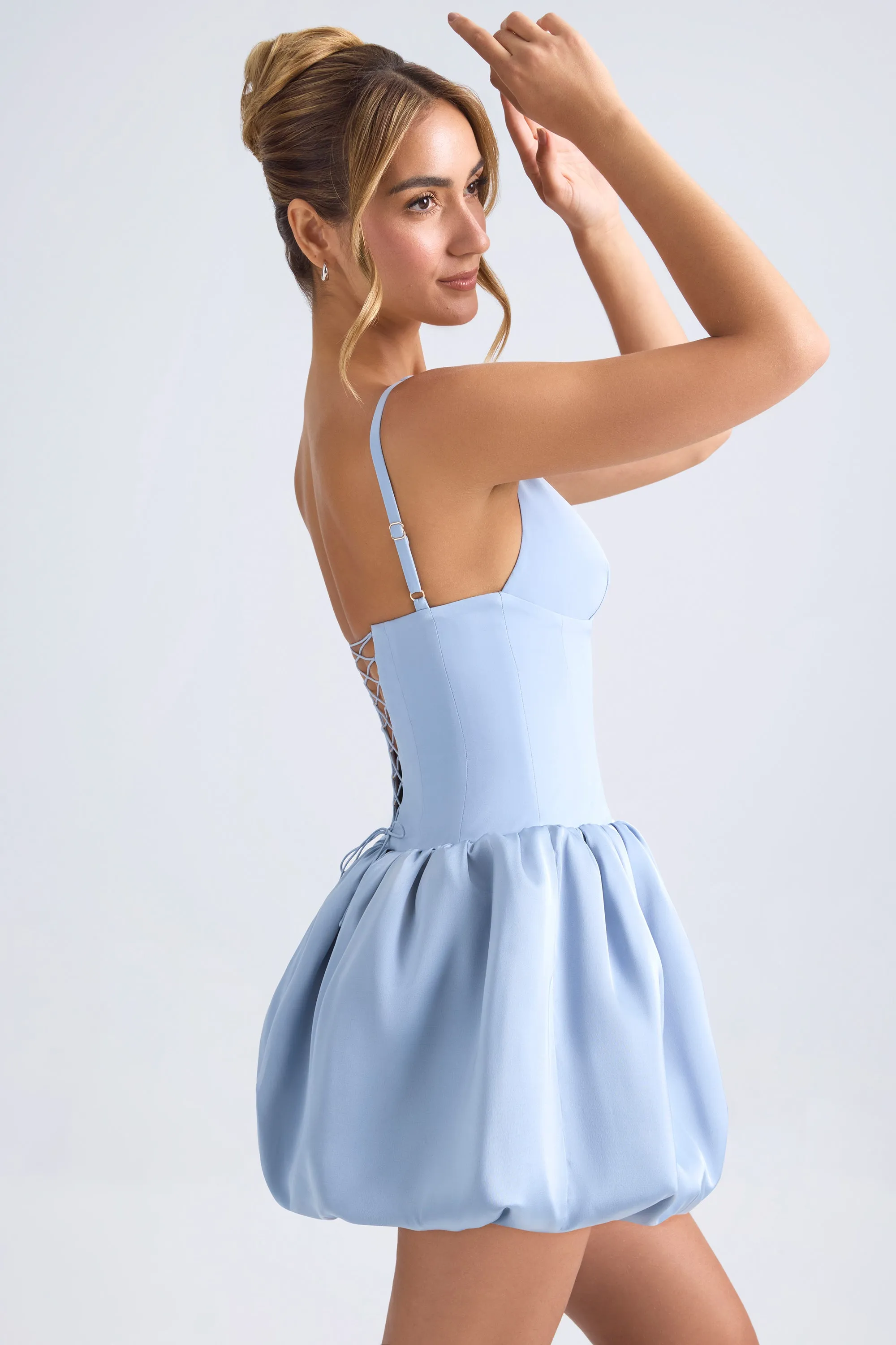 Lace-Up Bubble Hem Corset Micro Mini Dress in Light Blue sold by Oh Polly product image thumbnail 3