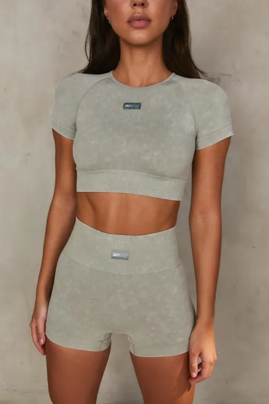 Systematic Seamless Acid Wash Crop Top in Sage sold by Oh Polly