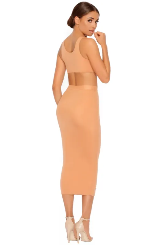 Slink About It Bodycon Midi Skirt in Apricot sold by Oh Polly