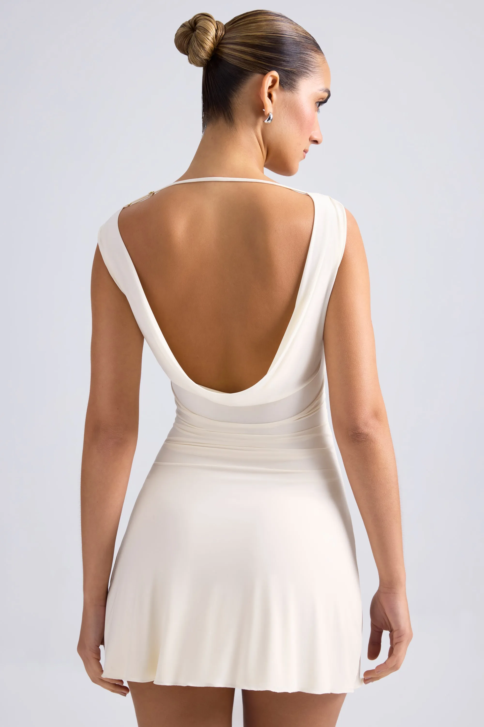 Off-Shoulder Cowl-Back A-Line Mini Dress in Ivory sold by Oh Polly product image thumbnail 2