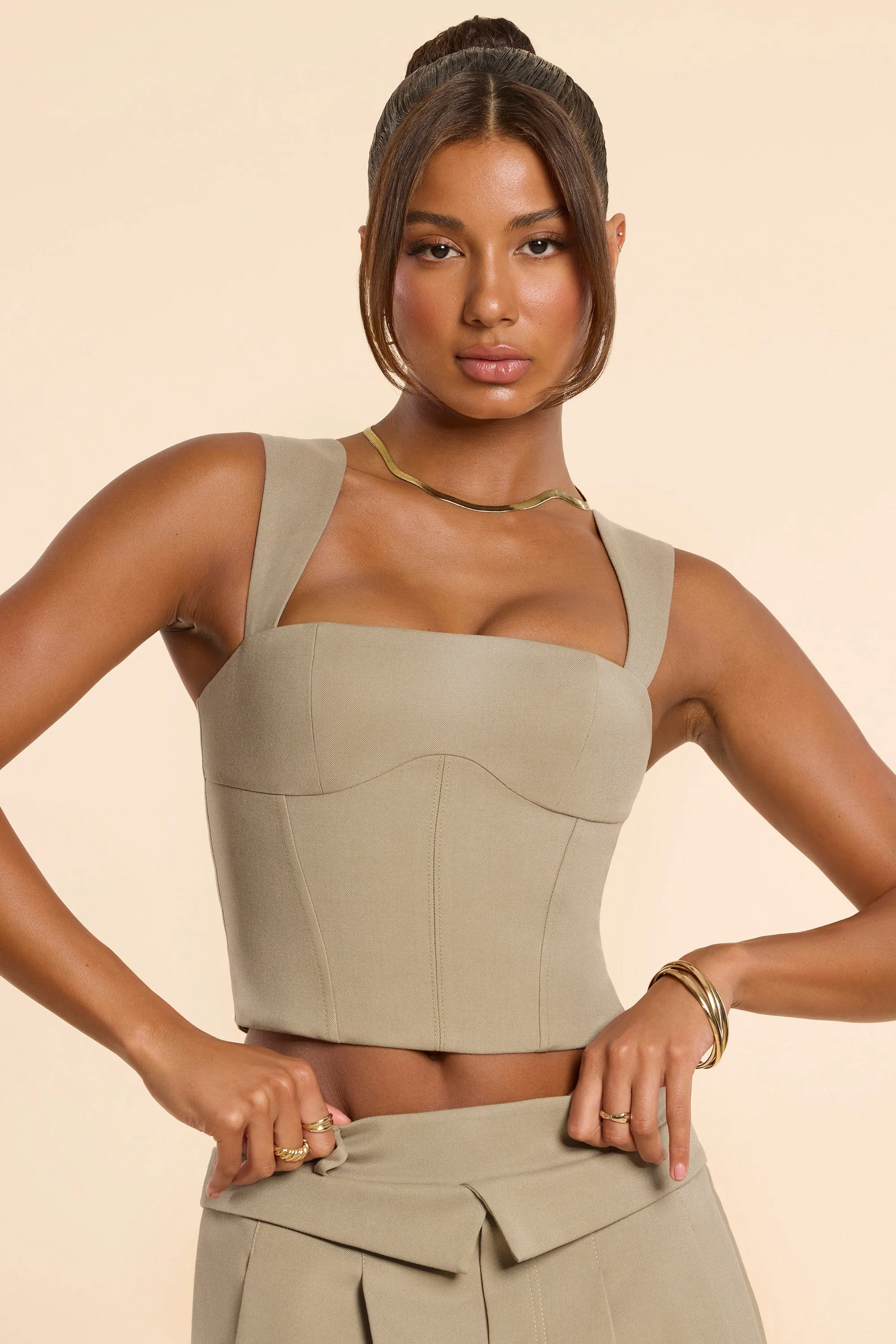 Brushed Twill Square Neck Tailored Top in Taupe sold by Oh Polly