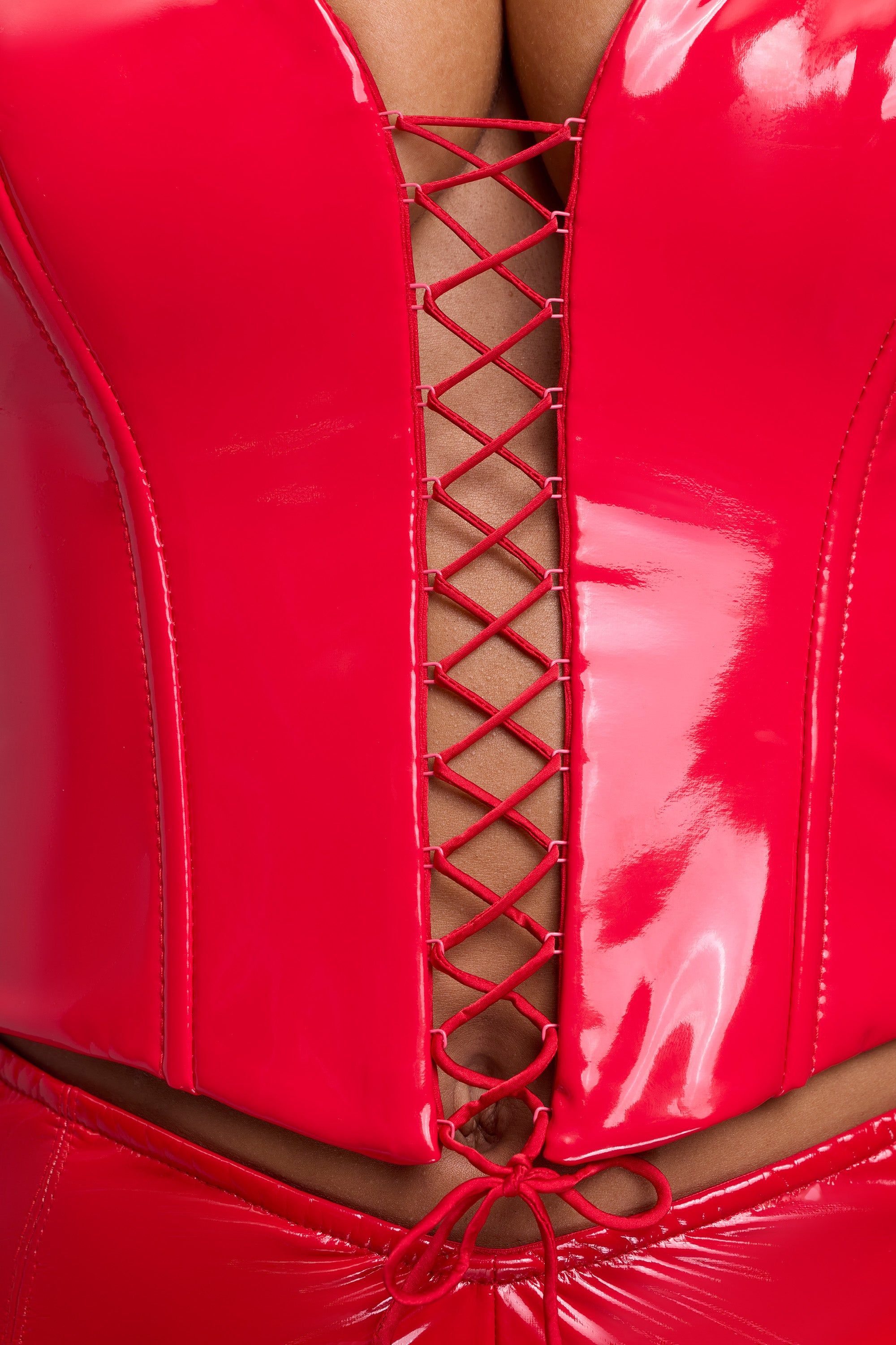 Vinyl Halter Neck Lace Up Corset Crop Top in Fire Red sold by Oh Polly product image thumbnail 12