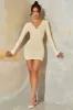 Long Sleeve Cowl Neck Corset Mini Dress in Stone sold by Oh Polly