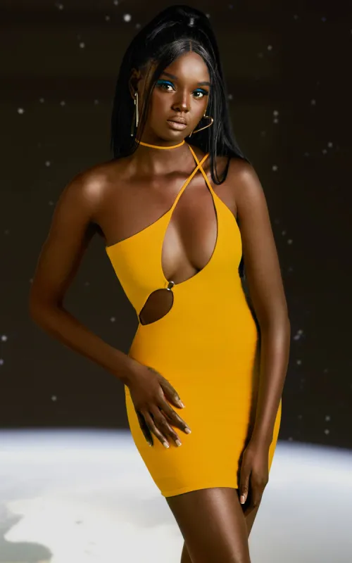 Asymmetric Cut Out Mini Dress in Yellow sold by Oh Polly