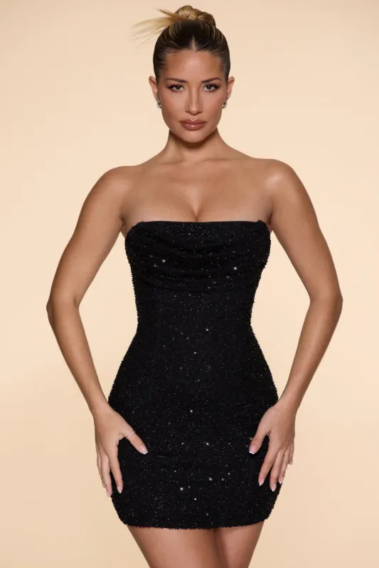 Embellished Strapless Cowl Neck Mini Dress in Black sold by Oh Polly