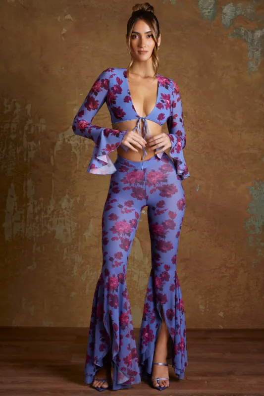 Tall Split Flare Ruffle Trousers in Periwinkle Print sold by Oh Polly