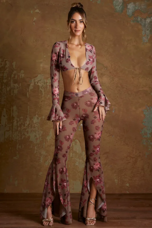 Split Flare Ruffle Trousers in Beige Print sold by Oh Polly