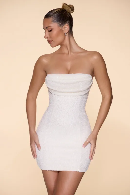 Embellished Strapless Cowl Neck Mini Dress in Ivory sold by Oh Polly