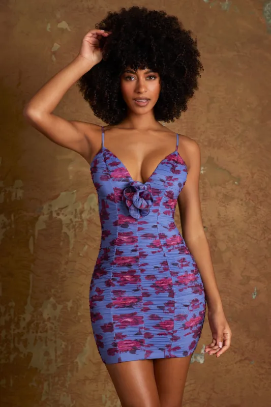 Plunge Neck Mini Dress with Flower Detail in Periwinkle Print sold by Oh Polly