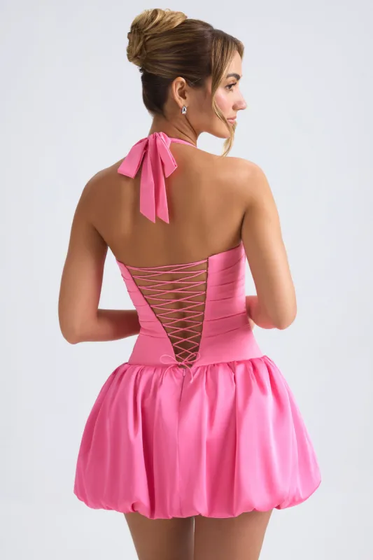 Halterneck Lace-Up Bubble Hem Corset Micro Mini Dress in Hot Pink | Parallel
