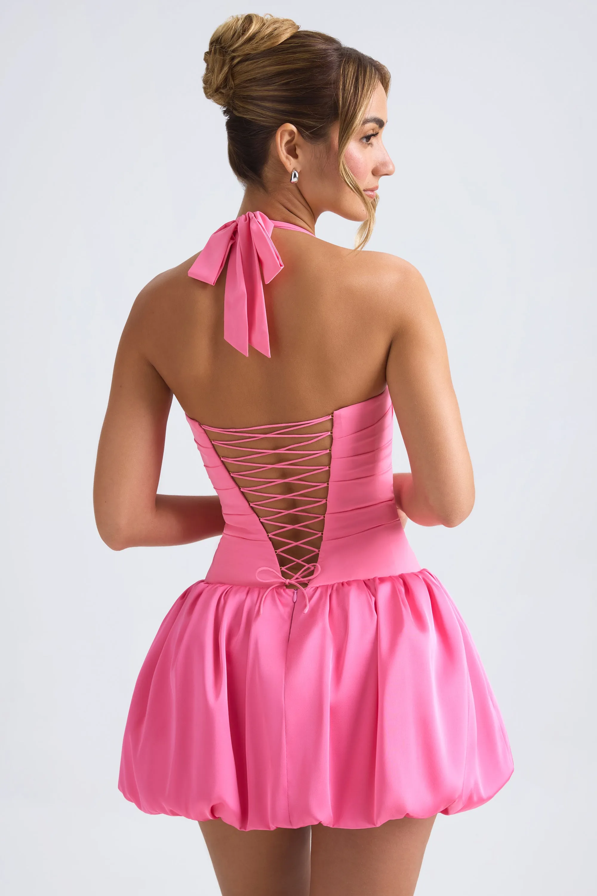 Halterneck Lace-Up Bubble Hem Corset Micro Mini Dress in Hot Pink sold by Oh Polly product image thumbnail 2