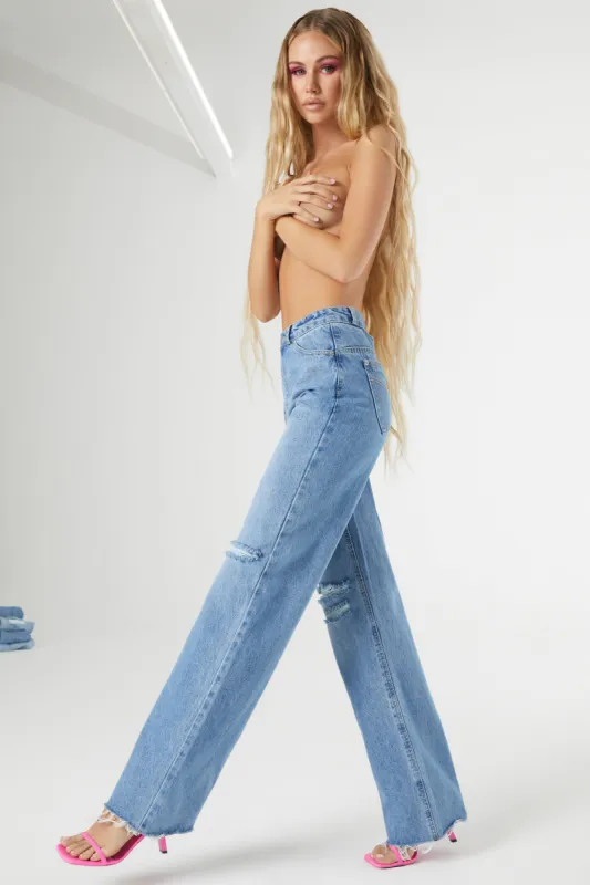 Petite Cut Out Wide Leg Jeans in Medium Blue Wash sold by Oh Polly