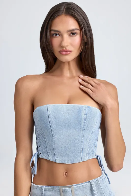 Bandeau Lace-Up Corset Crop Top in Light Blue Stonewash sold by Oh Polly