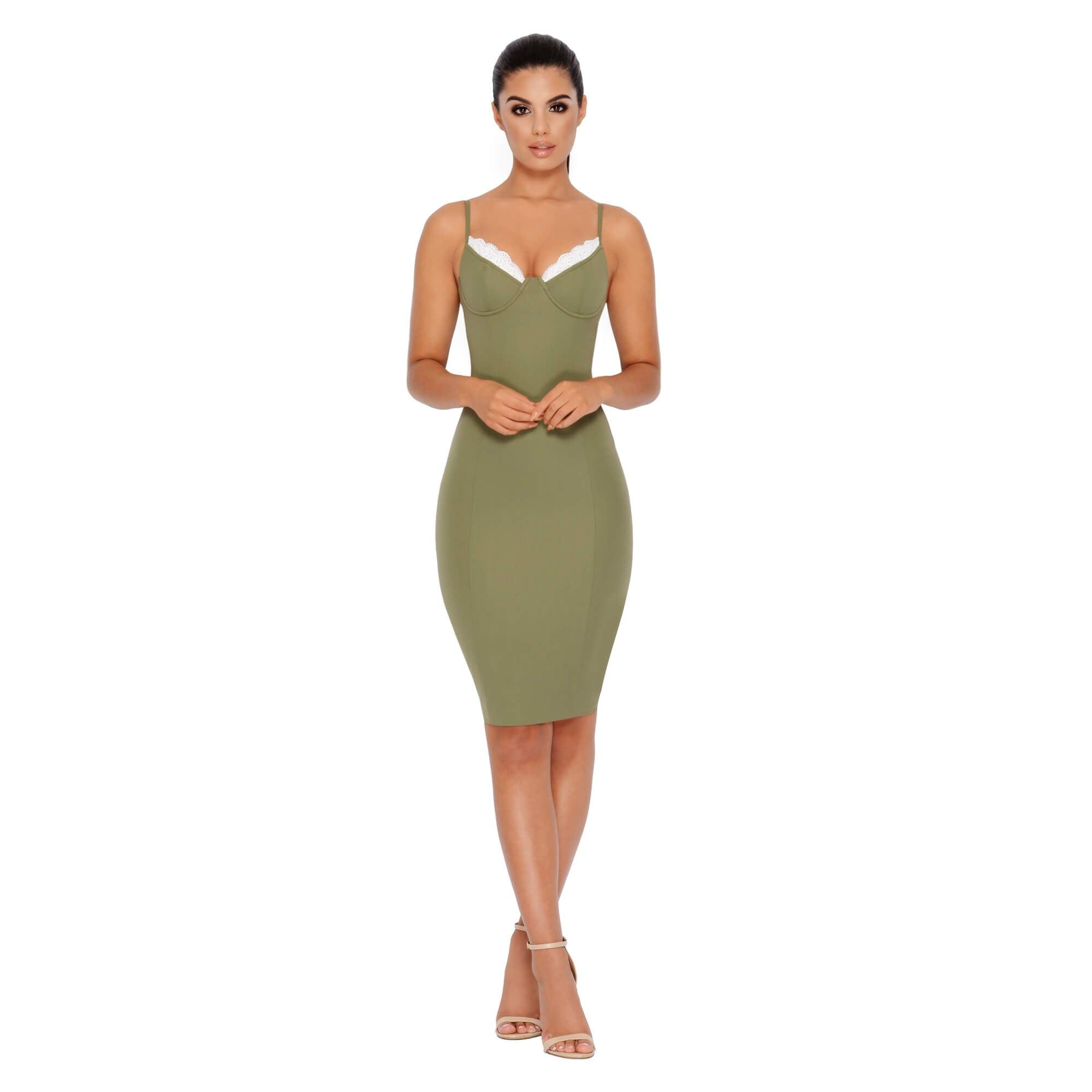 Peek A Boo Lace Bustier Knee Length Dress in Khaki sold by Oh Polly product image thumbnail 7