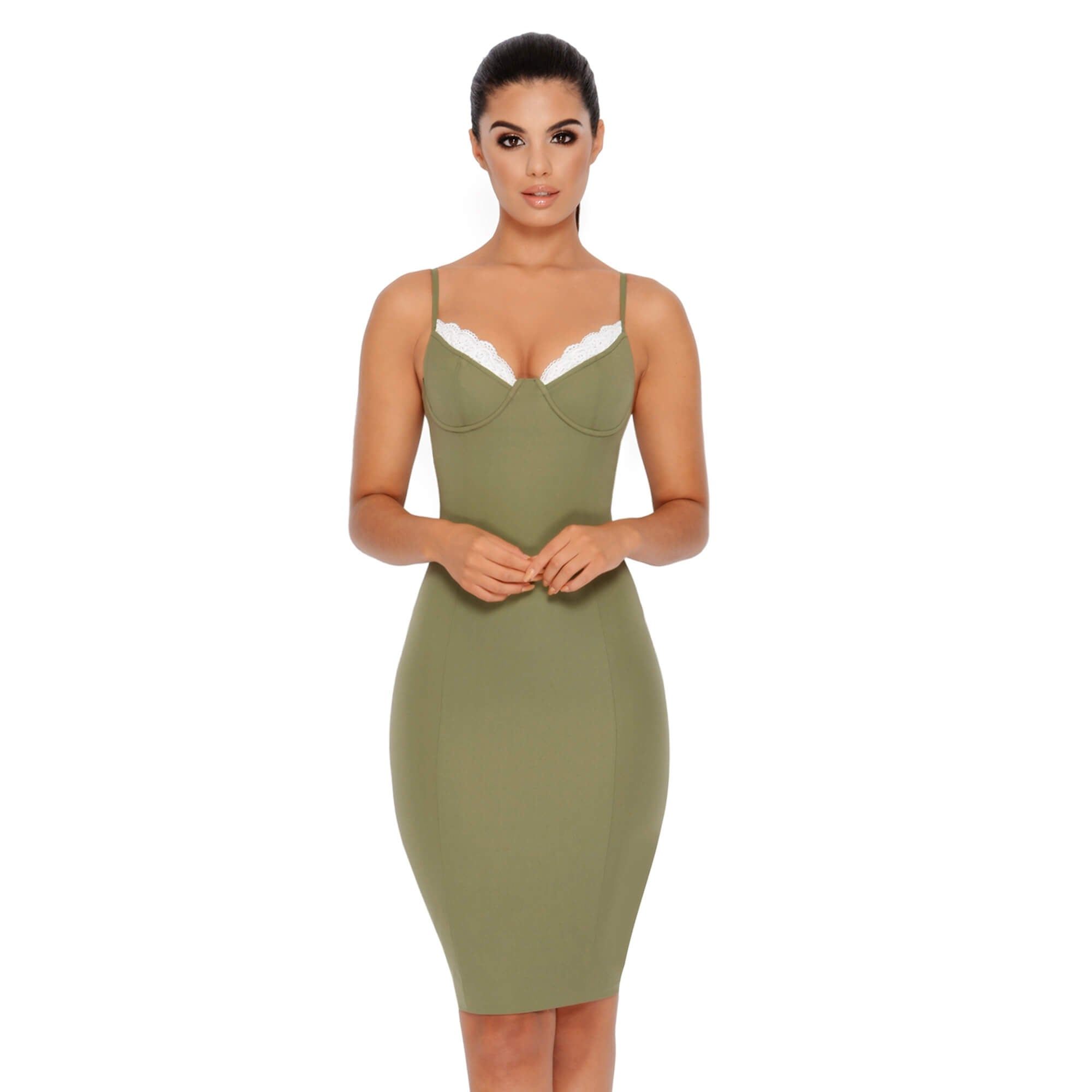 Peek A Boo Lace Bustier Knee Length Dress in Khaki sold by Oh Polly product image thumbnail 9