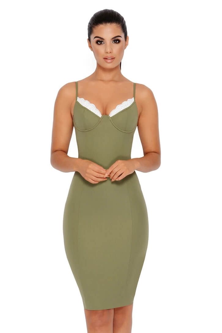 Peek A Boo Lace Bustier Knee Length Dress in Khaki sold by Oh Polly product image thumbnail 8