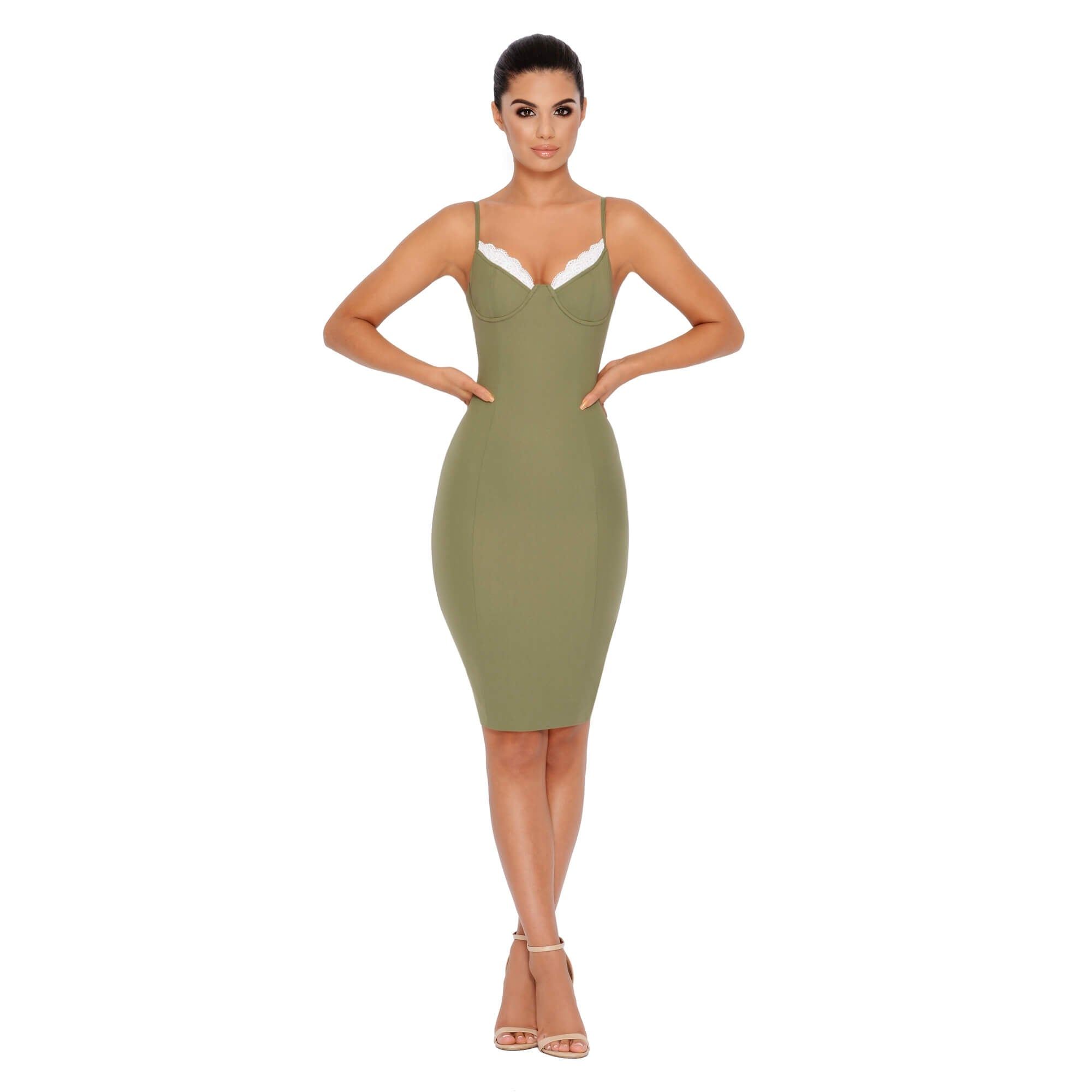 Peek A Boo Lace Bustier Knee Length Dress in Khaki sold by Oh Polly product image thumbnail 5