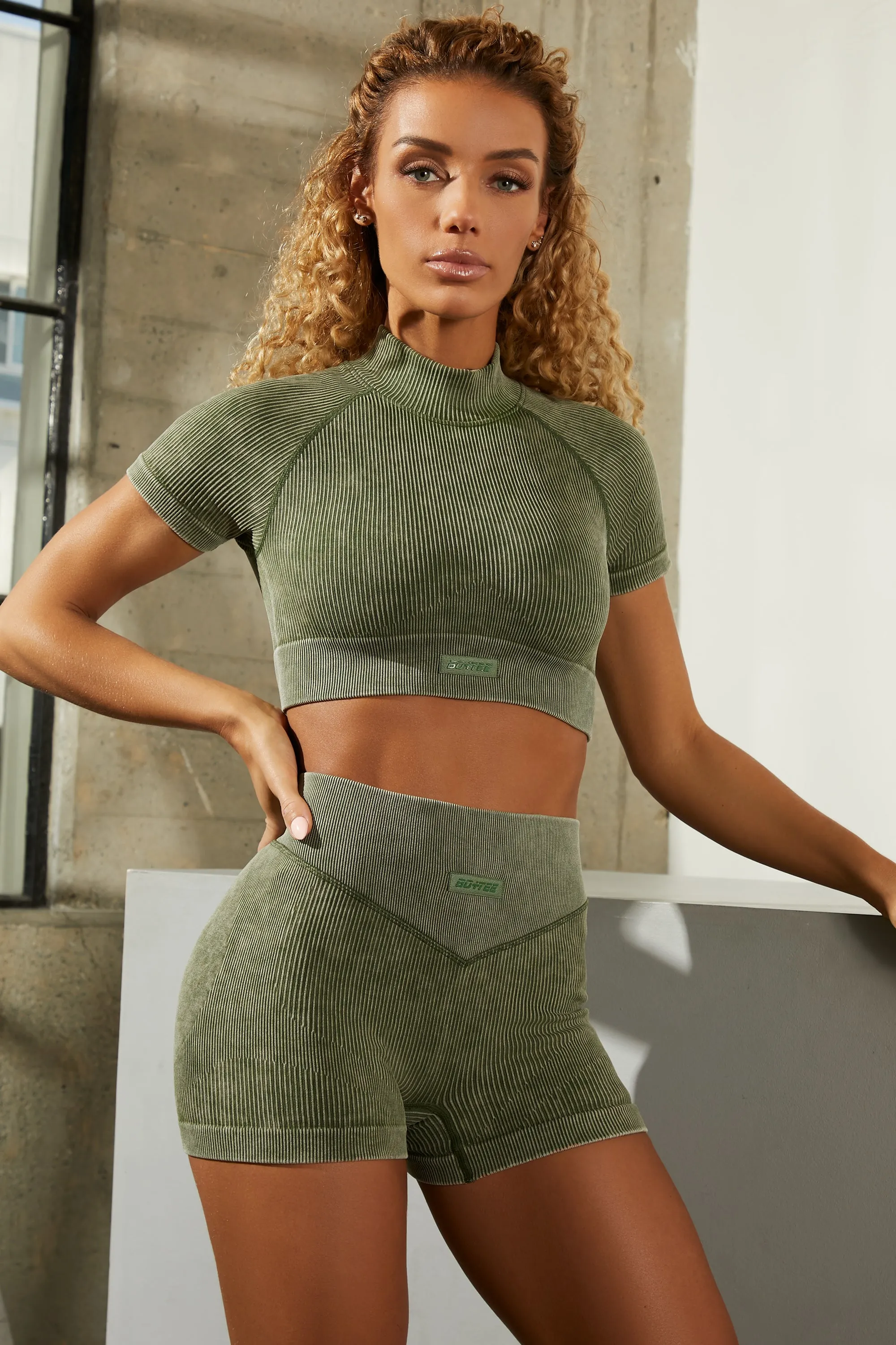 Seamless High Neck Cap Sleeve Crop Top in Dark Khaki sold by Oh Polly product image thumbnail 4
