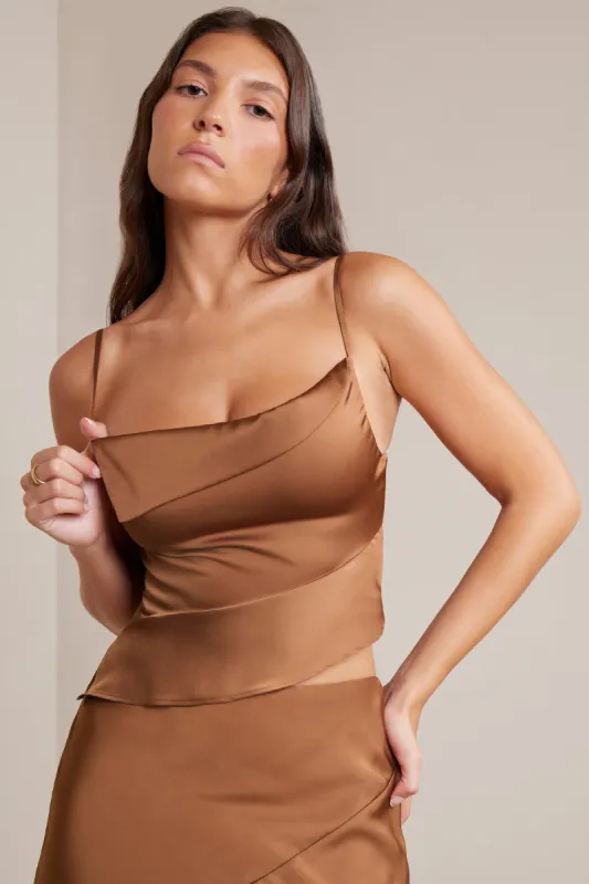 Bias Cut Satin Cowl Neck Crop Top in Mocha sold by Oh Polly