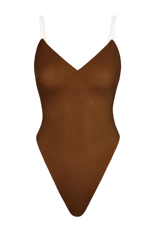 Soft Mesh V-Neck Bodysuit in Chestnut sold by Oh Polly
