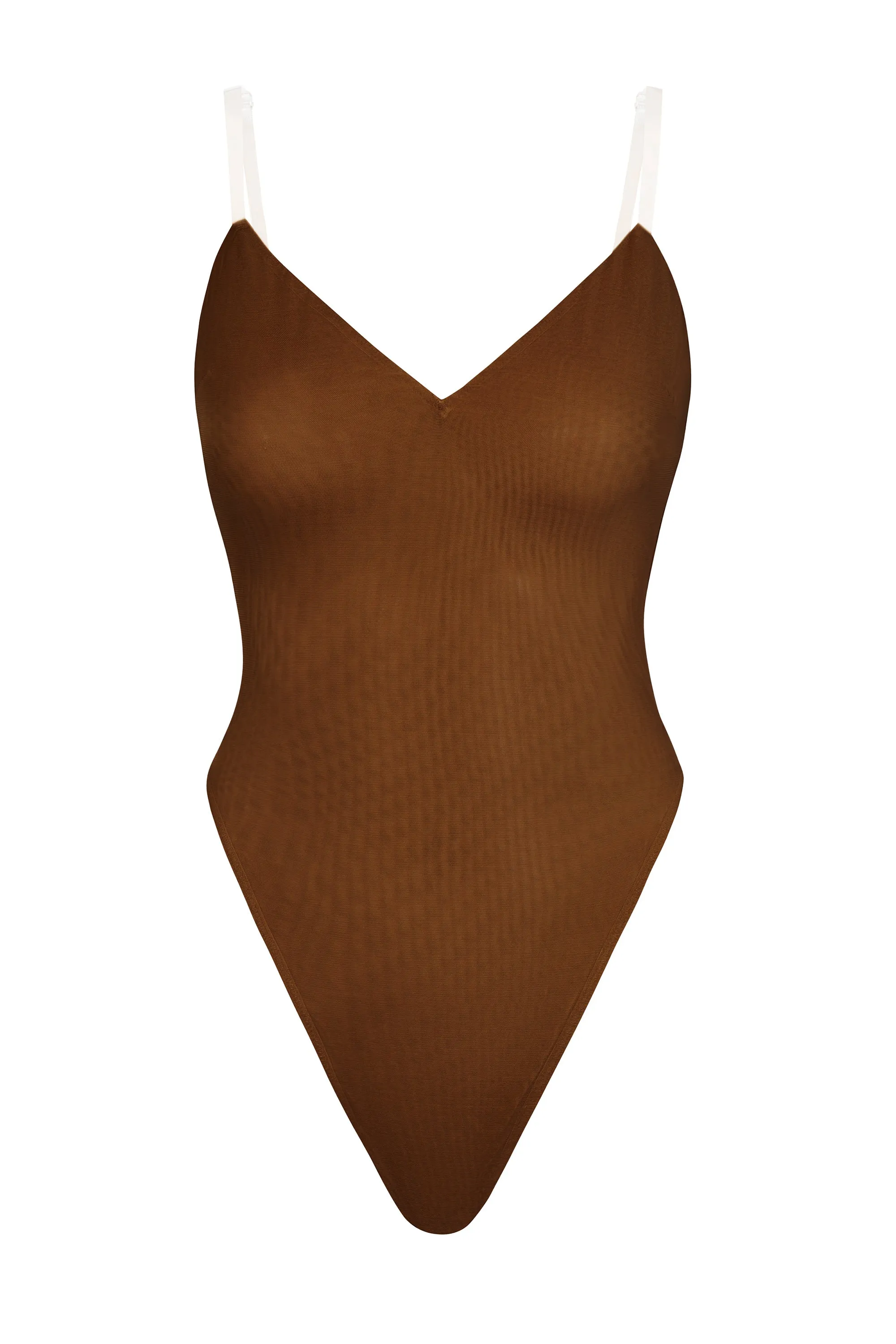Soft Mesh V-Neck Bodysuit in Chestnut sold by Oh Polly