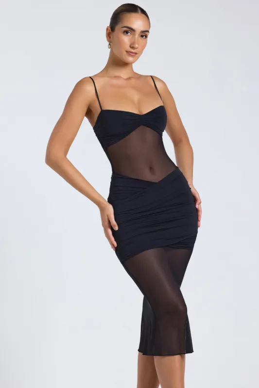 Sheer Panelled Draped Midaxi Dress in Black sold by Oh Polly