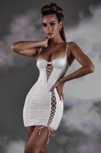 Lace Up Corset Satin Mini Dress in White sold by Oh Polly