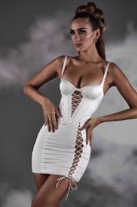 Lace Up Corset Satin Mini Dress in White sold by Oh Polly