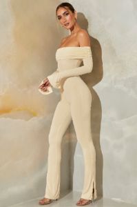 Petite Long Sleeve Open Back Jumpsuit in Stone sold by Oh Polly