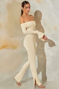 Petite Long Sleeve Open Back Jumpsuit in Stone sold by Oh Polly