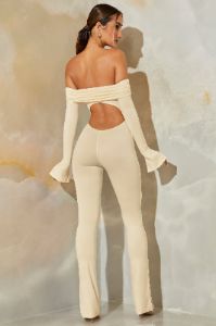 Petite Long Sleeve Open Back Jumpsuit in Stone sold by Oh Polly