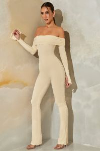 Petite Long Sleeve Open Back Jumpsuit in Stone sold by Oh Polly