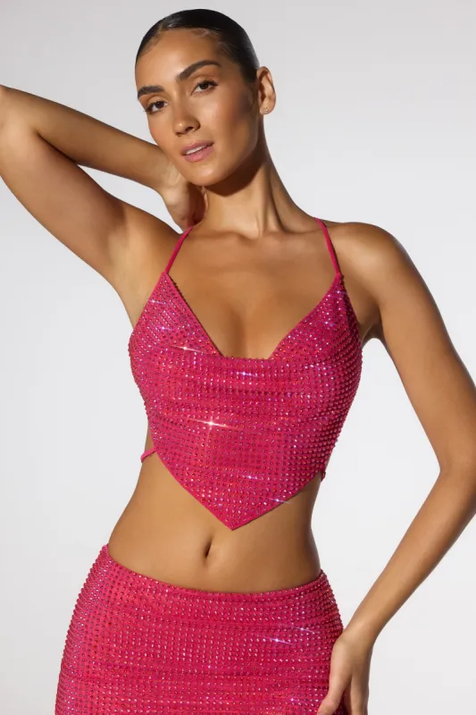 Embellished Cowl Neck Open Back Crop Top in Hot Pink sold by Oh Polly