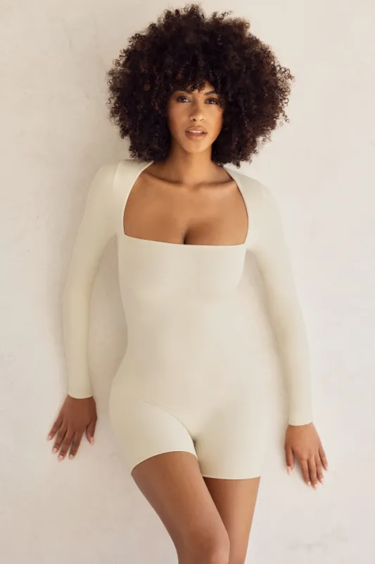 Long Sleeve Square Neck Unitard in Ivory sold by Oh Polly