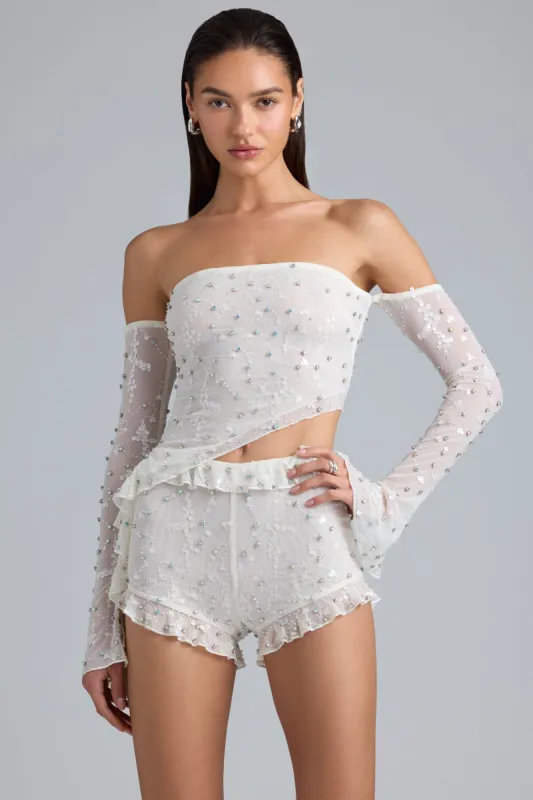 Ruched Ruffle Asymmetric Top in Ivory made by Oh Polly