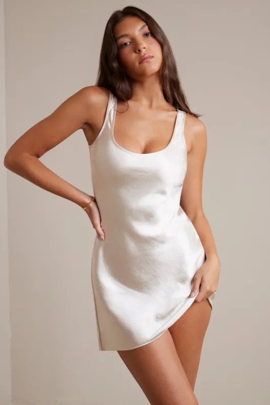 Bias Cut Satin A-Line Mini Dress in Ivory sold by Oh Polly