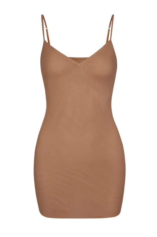Soft Mesh V-Neck Mini Slip Dress in Honey sold by Oh Polly