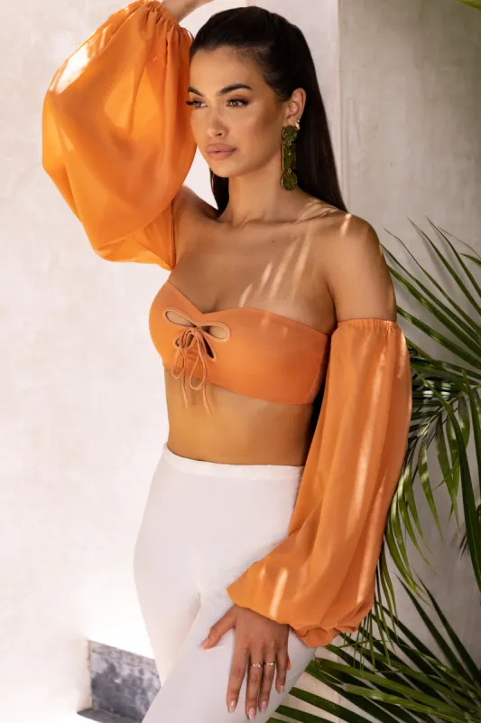 Bardot Cut Out Crop Top in Caramel sold by Oh Polly