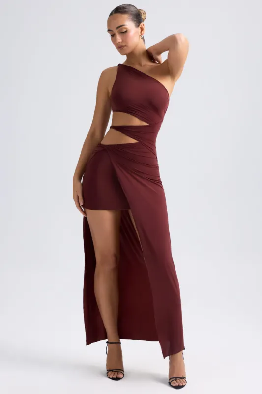 One-Shoulder Draped Cut-Out Maxi Dress in Chestnut Brown sold by Oh Polly
