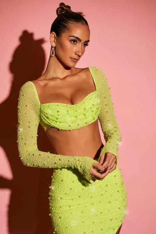 Embellished Cowl Neck Crop Top in Lime sold by Oh Polly