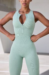 Petite Super Sculpt Seamless Zip Up Full Length Unitard in Pistachio sold by Oh Polly