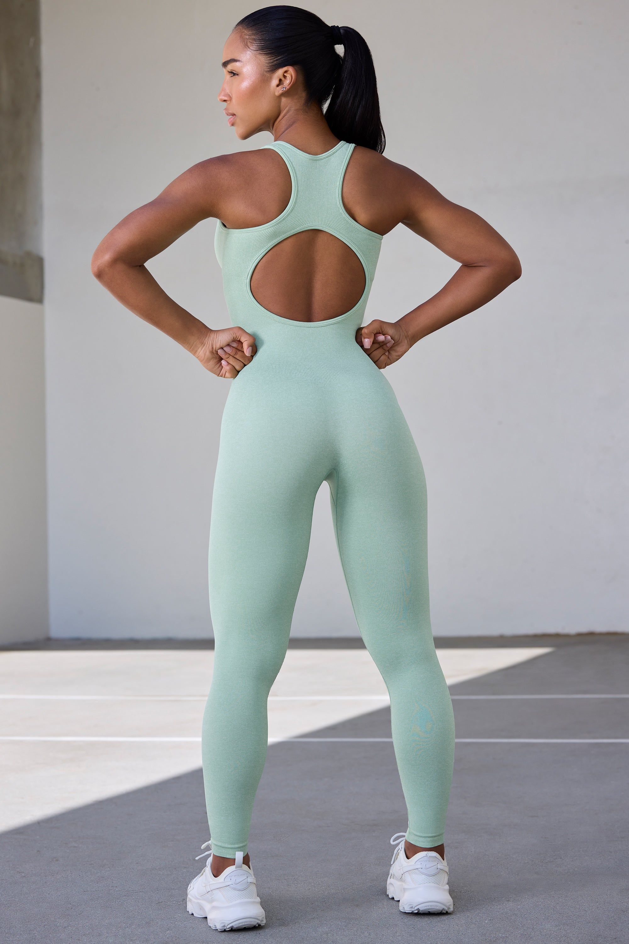 Petite Super Sculpt Seamless Zip Up Full Length Unitard in Pistachio sold by Oh Polly product image thumbnail 2